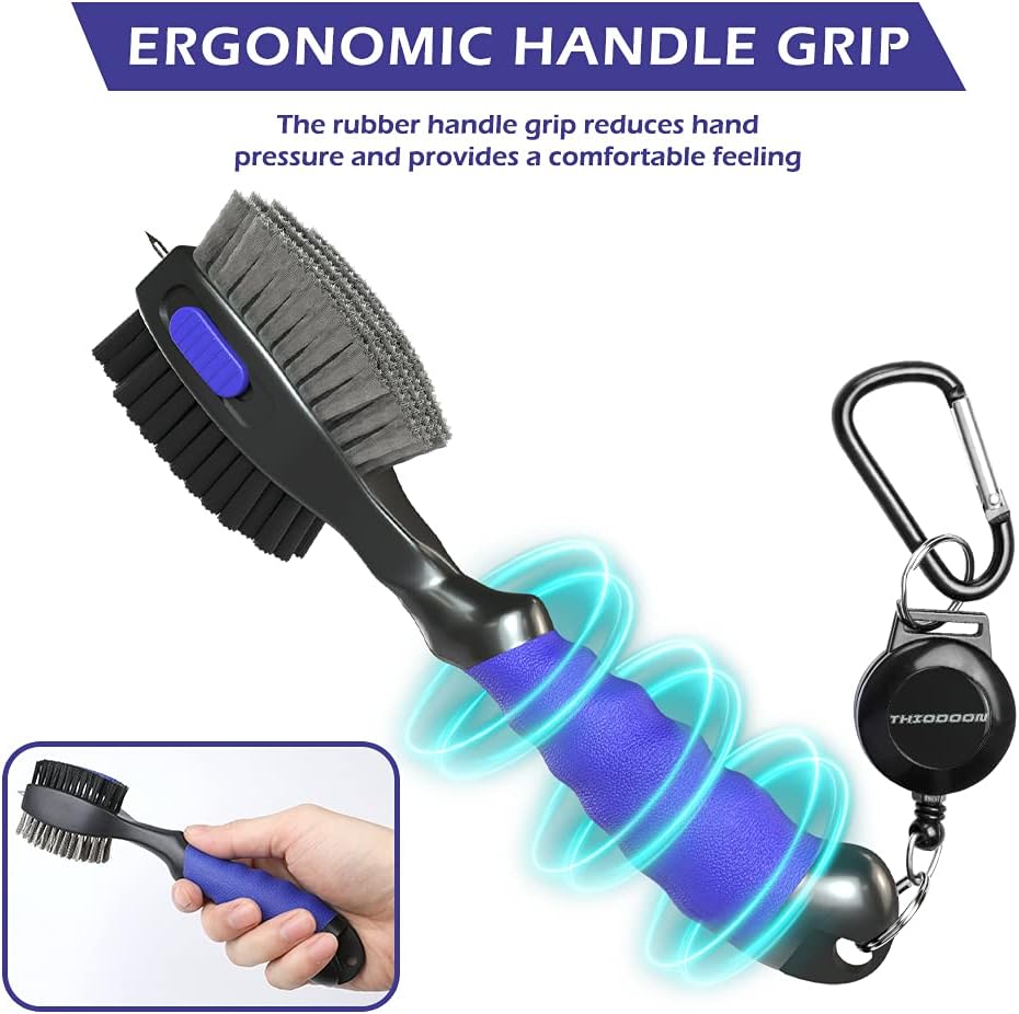 THIODOON 2 Pack Golf Club Brushes and Groove Cleaner 2 ft Retractable Zipline Carabiner Golf Brush Head with Retractable Spike Comfortable Grip Golf