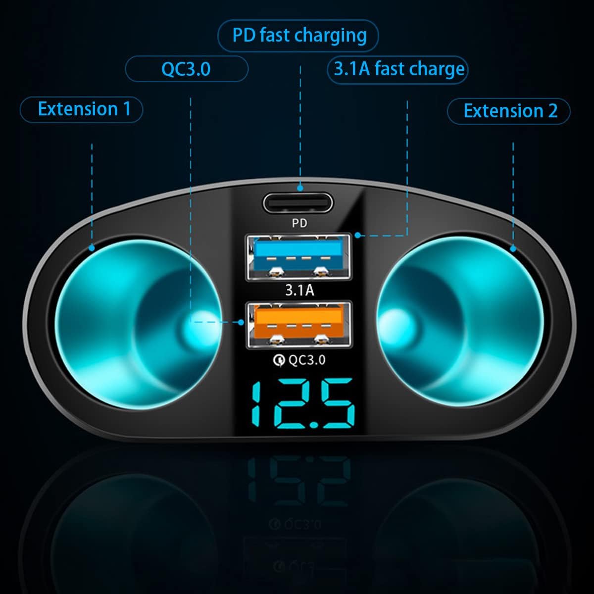 Car Cigarette Lighter Splitter, 2-Socket Cigarette Lighter Adapter with LED Voltmeter, Dual USB QC3.0 Type-C 20W PD Fast Car Charger, 12V/24V