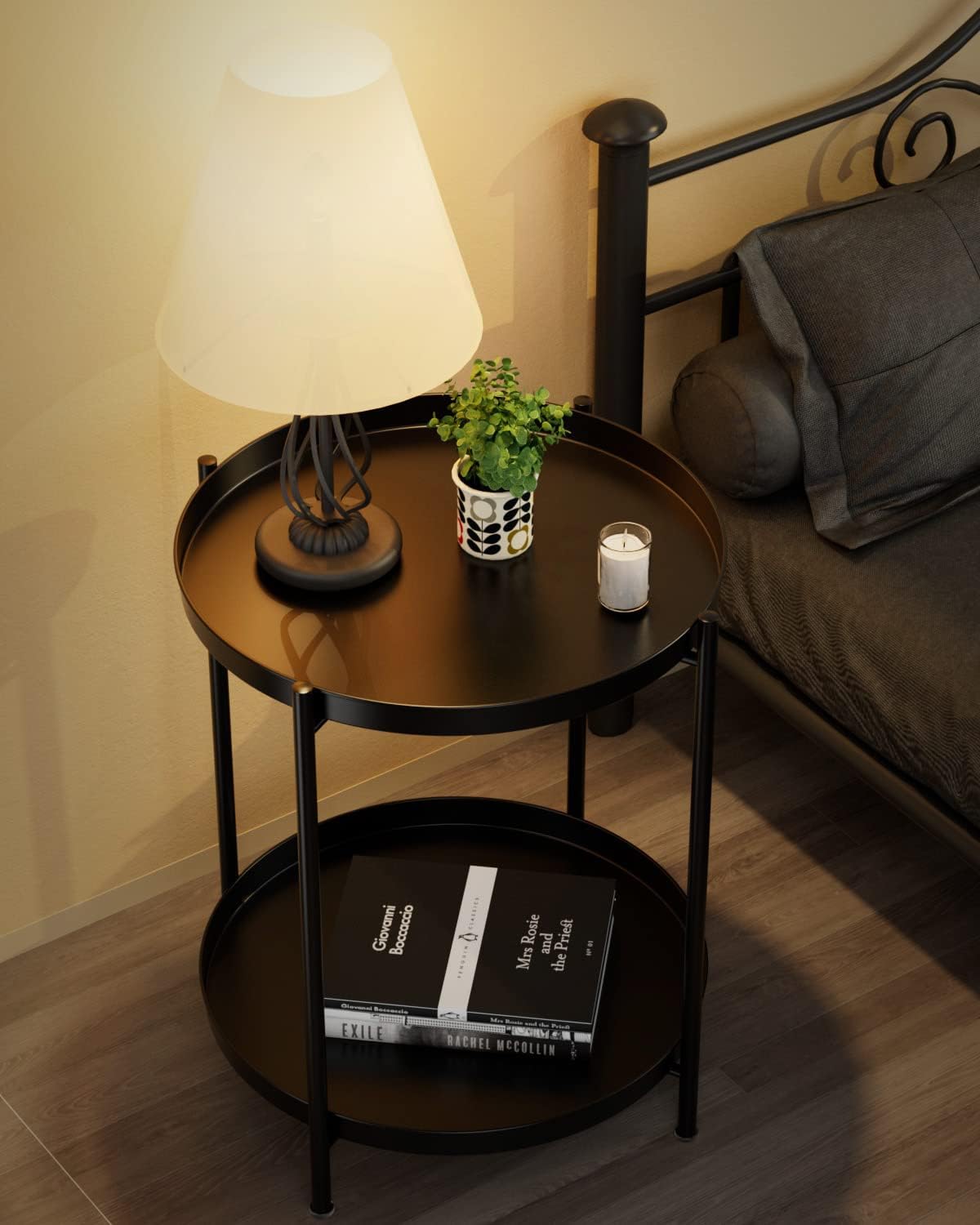 EKNITEY 2 Tier End Table - Metal Side Table Waterproof Small Sofa Coffee Side Tables Bedroom Indoor Outdoor with Removable Tray for Living Room