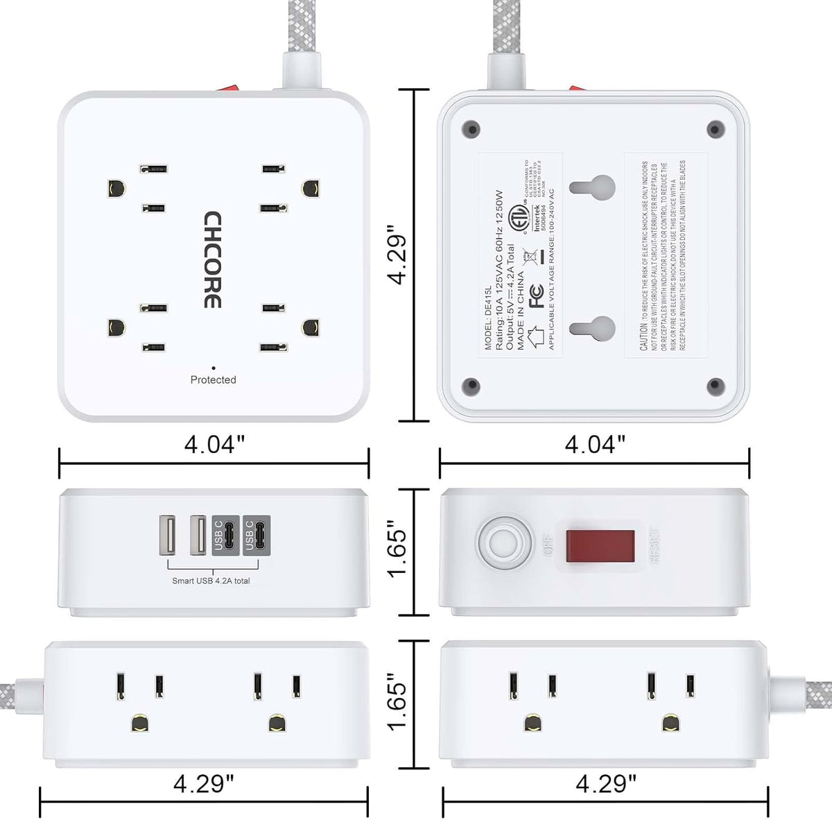 Surge Protector Power Strip - CHCORE 5Ft Braided Extension Cord with 8 Outlets with 4 USB (2 USB C) Charging Ports, Flat Plug Multi Plug Outlet