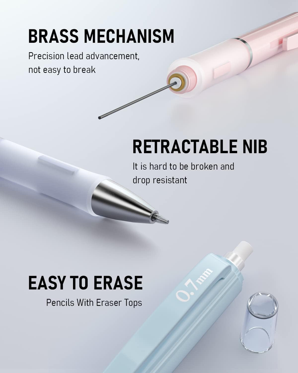 Nicpro 3PCS Cute Mechanical Pencil Set with Case, 0.7 mm Pencils with 6 Tube HB Lead Refill, 3PCS Eraser, 9PCS Eraser Refill for School Supplies Kid