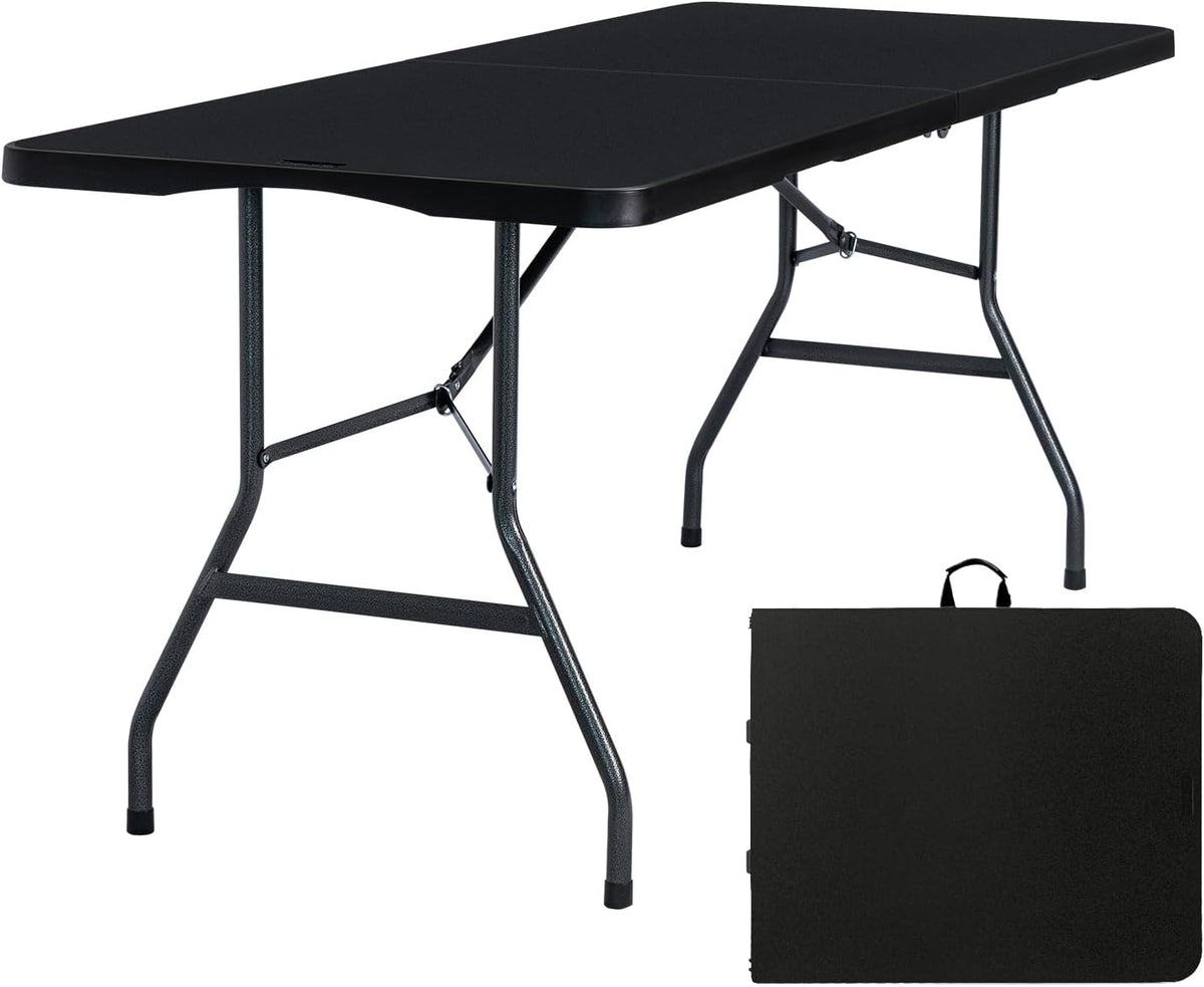 Folding Table 6ft Portable Heavy Duty Plastic Fold-in-Half 6 Foot Foldable Table Utility Dining Indoor Outdoor with Carrying Handle for Camping