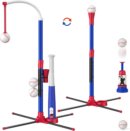 3-in-1 Baseball Set for Kids 3-5 - Tee Ball Stand, Hanging Tee, Ball Launcher and 6 Softballs - Adjustable Height, Indoor/Outdoor Sport Gifts for