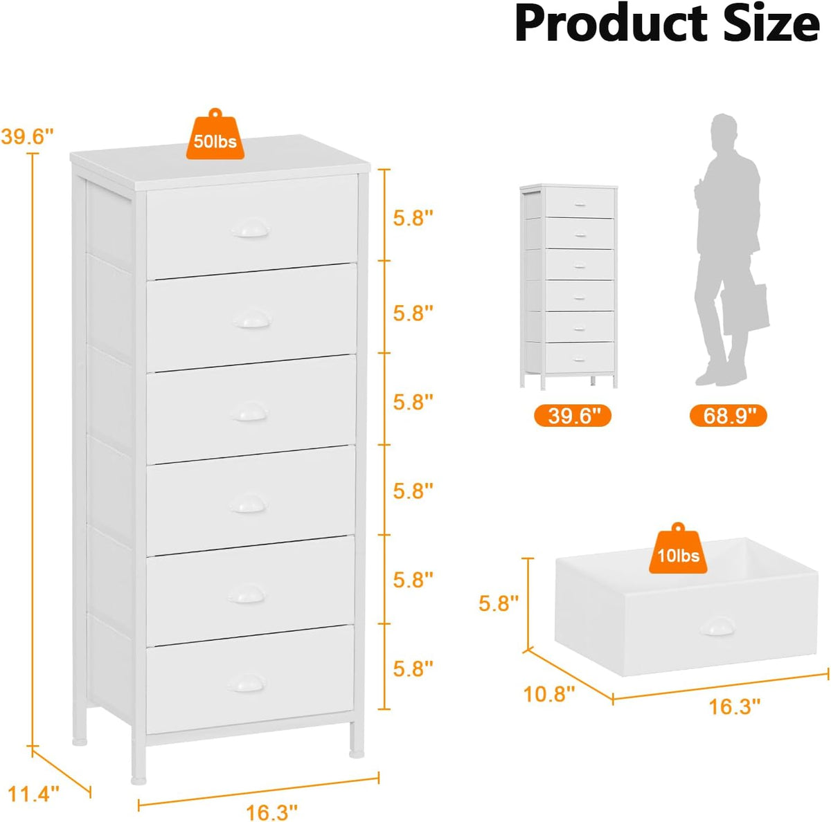 Furnulem White Tall Dresser for Bedroom,Vertical Storage Tower Unit and End Table with 6 Fabric Drawers, Nightstand Furniture with Drawer Organizer