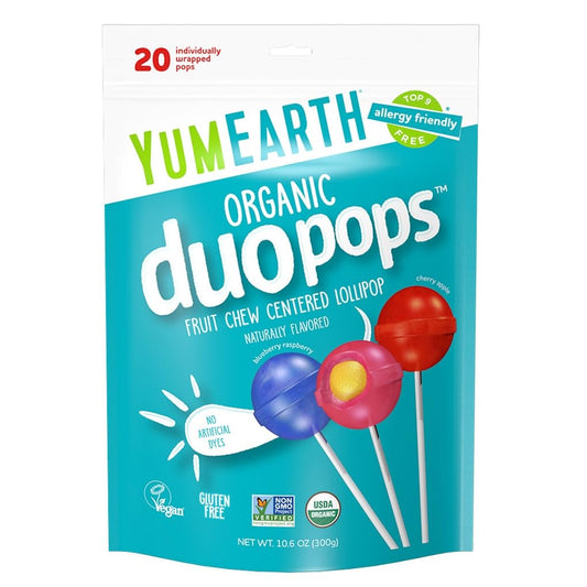 YumEarth Organic Duo Pops, Lollipops with Fruit Chew Centers - Allergy Friendly (Top 9 Free), No Artificial Dyes, Non GMO, Gluten Free, Vegan Candy