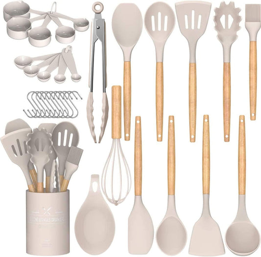 Umite Chef Kitchen Cooking Utensils Set, 33 pcs Non-Stick Silicone Cooking Kitchen Utensils Spatula Set with Holder, Wooden Handle Silicone Kitchen