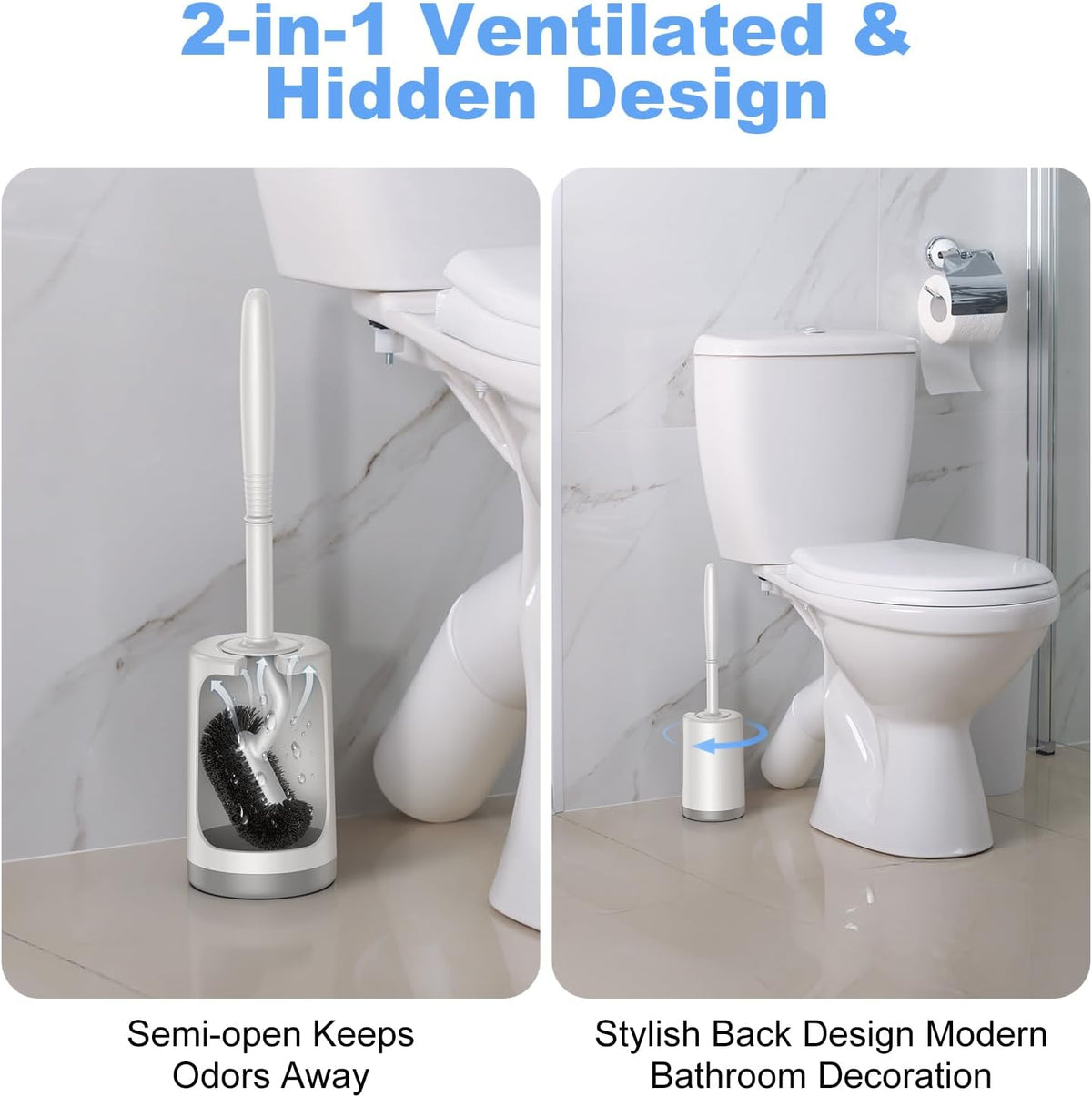 HAMITOR Toilet Bowl Brush Holder Set: Curved Design with Holder for Deep Cleaning Under Rim - Compact Hidden Scrubber for Small Space - Modern RV
