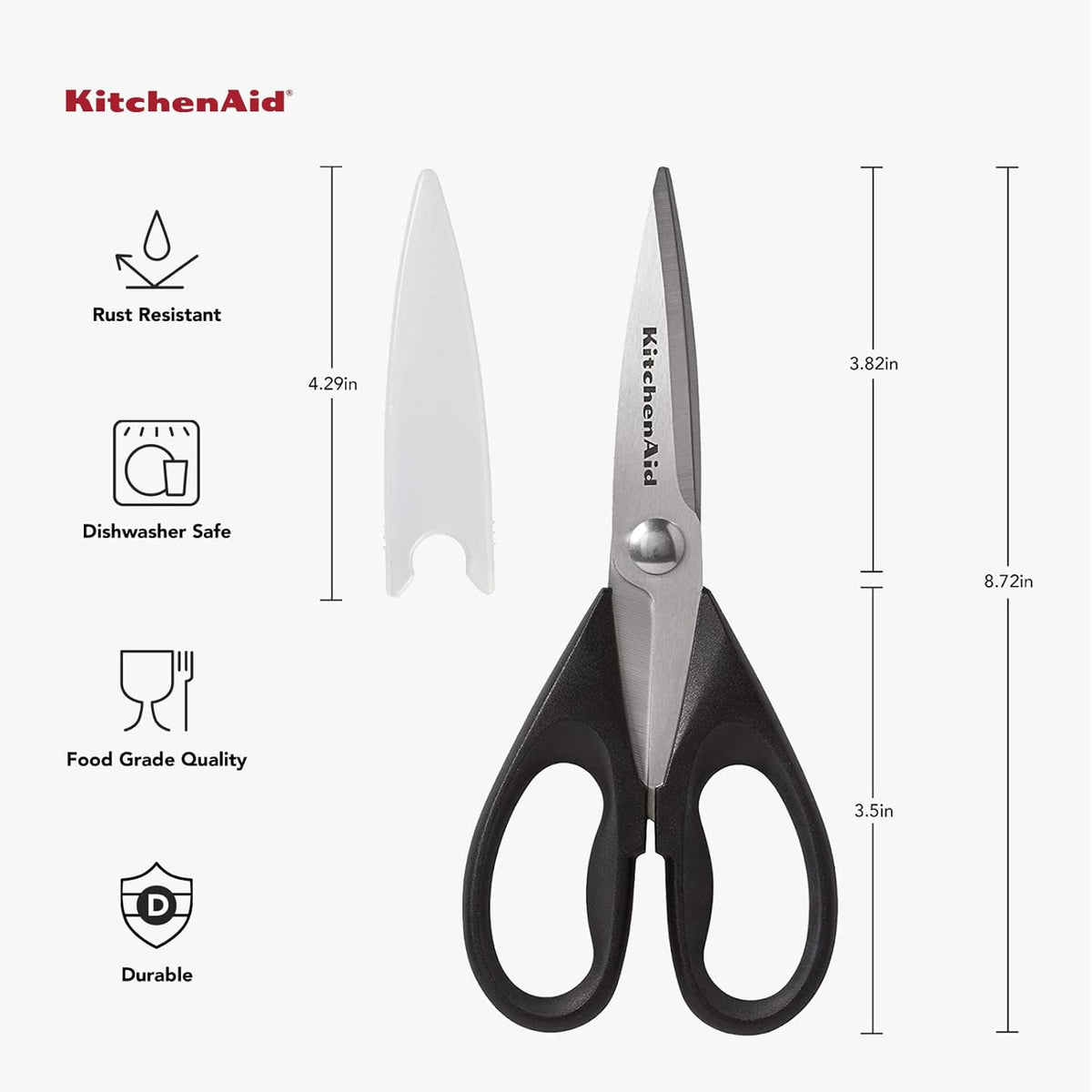 KitchenAid All Purpose Kitchen Shears with Protective Sheath Durable Stainless Steel Scissors, Dishwasher Safe, Soft Grip Comfort Handle, 8.72 Inch