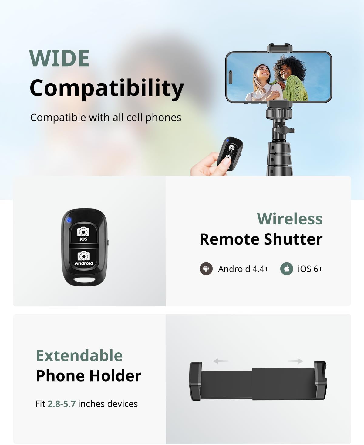 SENSYNE 62" Phone Tripod & Selfie Stick, Extendable Cell Phone Tripod Stand with Wireless Remote and Phone Holder, Compatible with iPhone Android