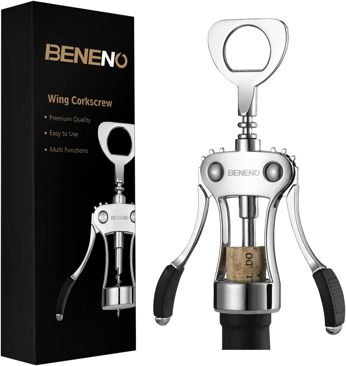 Beneno Wine Opener, Zinc Alloy Premium Wing Corkscrew with Multifunctional Bottles Opener, Sharp Wine Corkscrew with Ergonomic Non-Slip Wing Handle