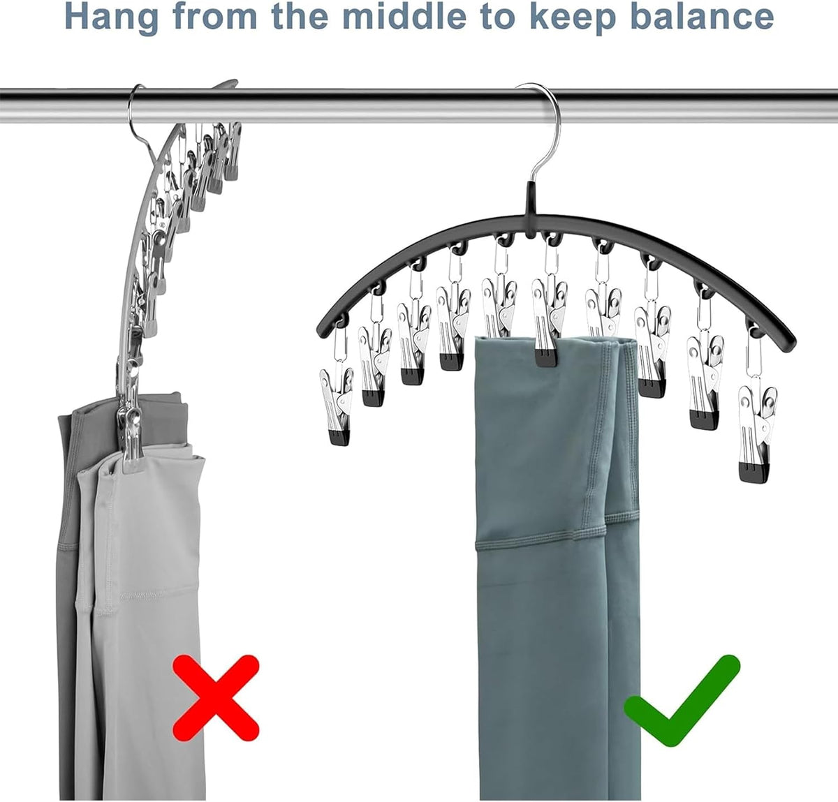 Legging Organizer for Closet, Metal Yoga Pants Hangers 2 Pack w/10 Clips Holds 20 Leggings, Space Saving Hanging Closet Organizer w/Rubber Coated