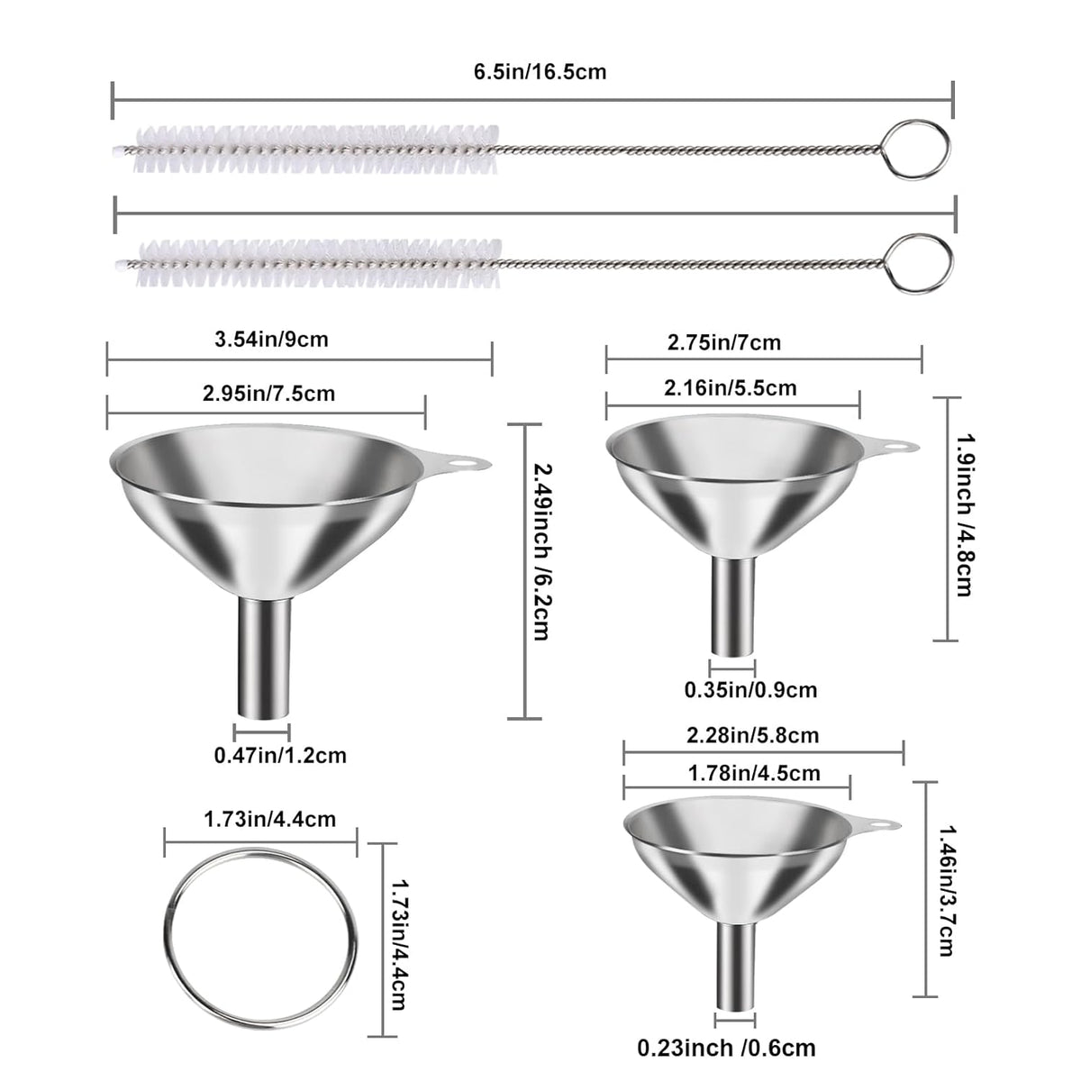 Metal Stainless Steel Funnel, Large Medium Small Funnel Set of 3, Food Grade Mini Funnels for Kitchen Use Filling Bottles Flask Cooking, 2 Brushes
