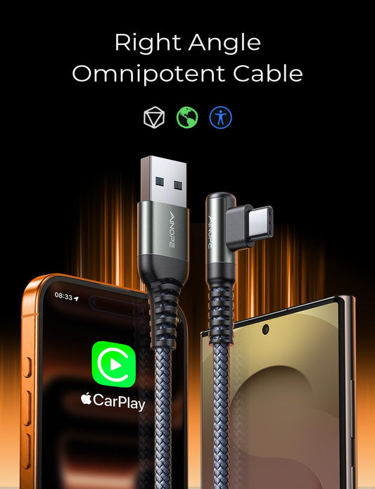 AINOPE USB C Cable [2-Pack, 6.6ft] 3.1A Type C Charger Fast Charging, Right Angle USB to USB C Cable for iPhone 17 Carplay Cable, Galaxy S10+ S10 S9