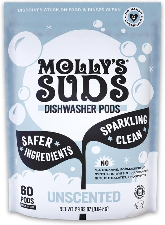 Molly's Suds Dishwasher Pods | Clean Dishwasher Detergent, Cuts Grease & Rinses Clean (Residue-Free) for Sparkling Dishes | 60 Auto-Release Tabs