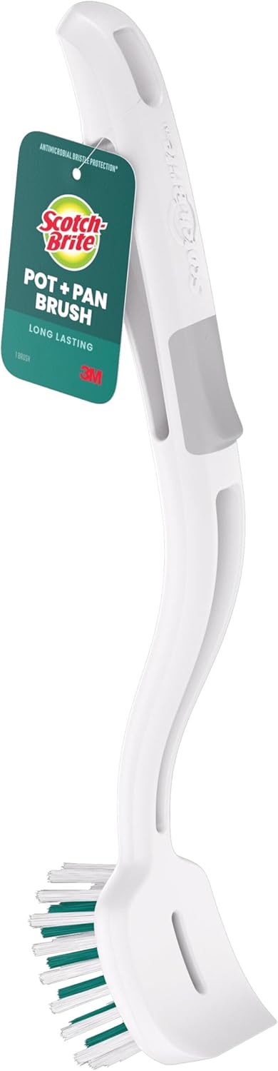 Scotch-Brite Pot + Pan Brush, Durable and Long Lasting Dish Brush with Handle for Scrubbing Stainless Steel, Outdoor Furniture, and Sinks without