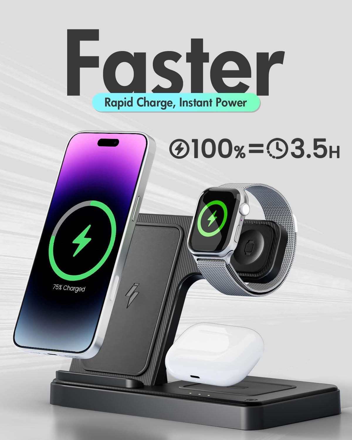 Wireless Charger iPhone Charging Station: 3 in 1 Charger Stand Multiple Devices for Apple - iPhone 17 16e 16 15 14 Pro Max 13 12 11 - Watch 10 9 8 7