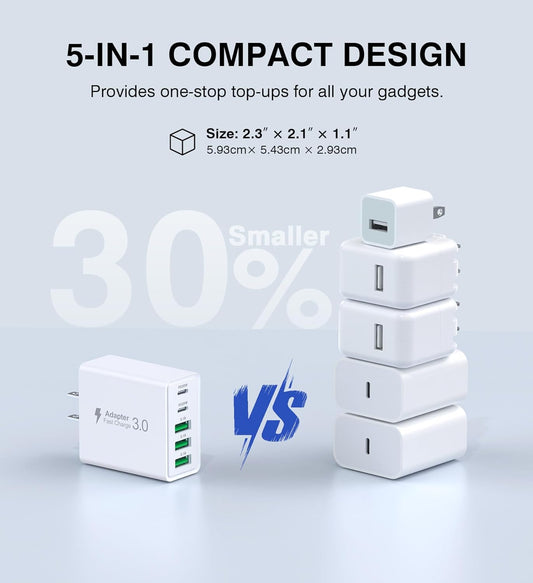[2-Pack] USB C Wall Charger,60W 5-Port PD Fast USB C Charging Block,2USB C+3USB A Multiport Plug,Type C Power Adapter Brick Cube for iPhone