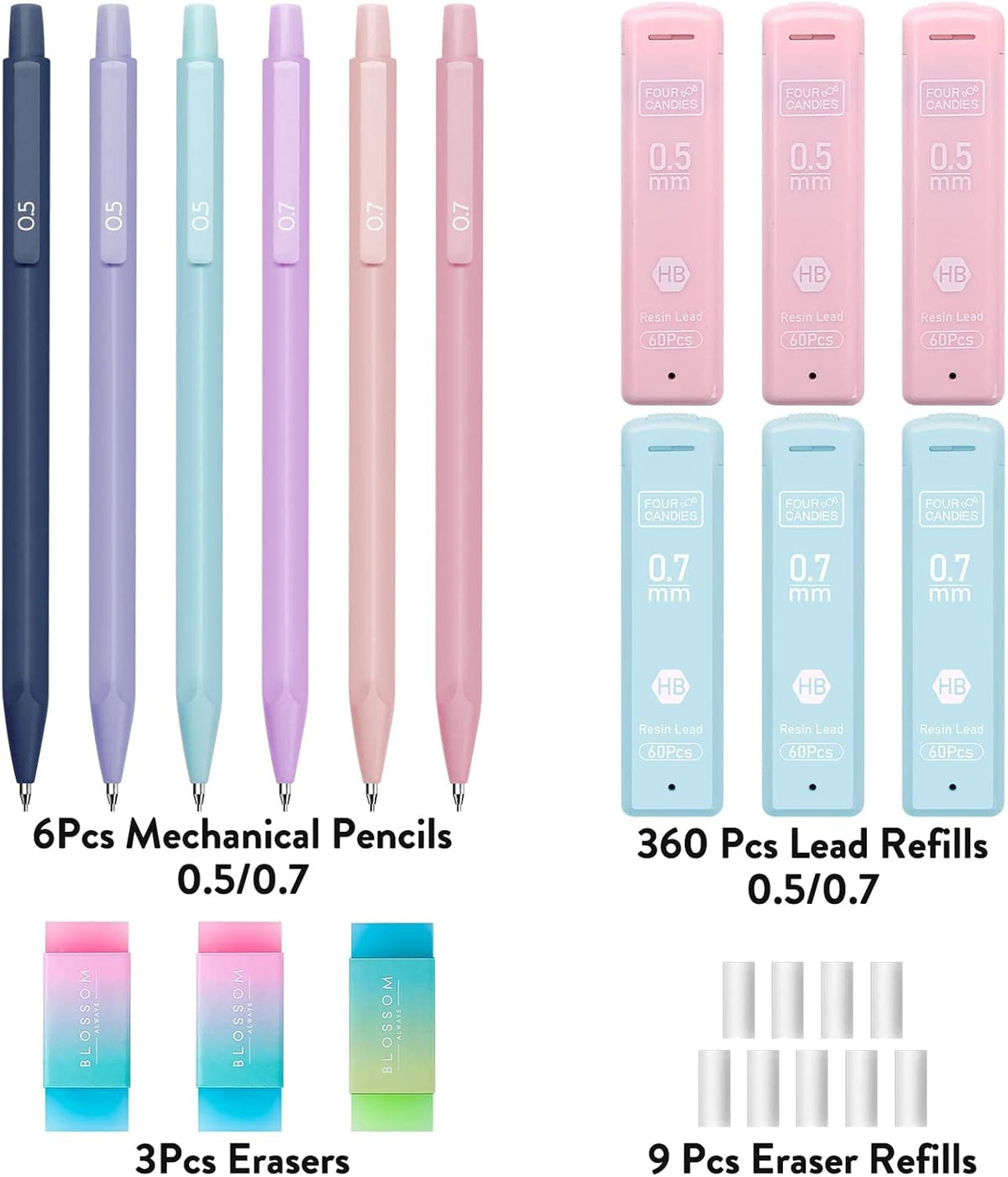 Four Candies Cute Mechanical Pencil Set, 6PCS Pastel Mechanical Pencils 0.5 & 0.7mm with 360PCS HB Leads, 3PCS Erasers and 9PCS Eraser Refills