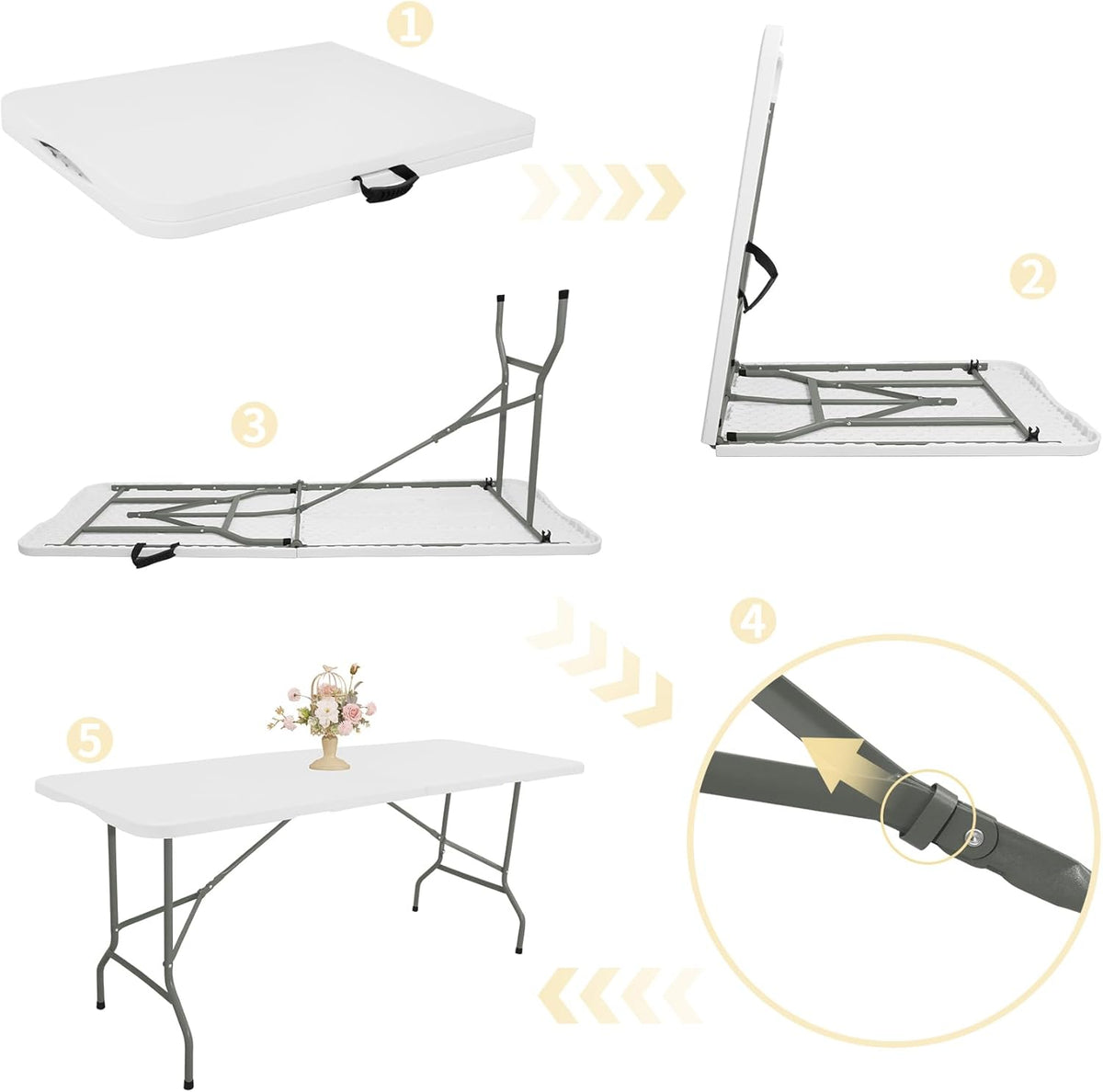 Set of 2 Folding Table 6 FT Lightweight Camping Table Portable Plastic Rectangular Outdoor Dining Table Steel Legs Fold-in-Half with Carrying Handle