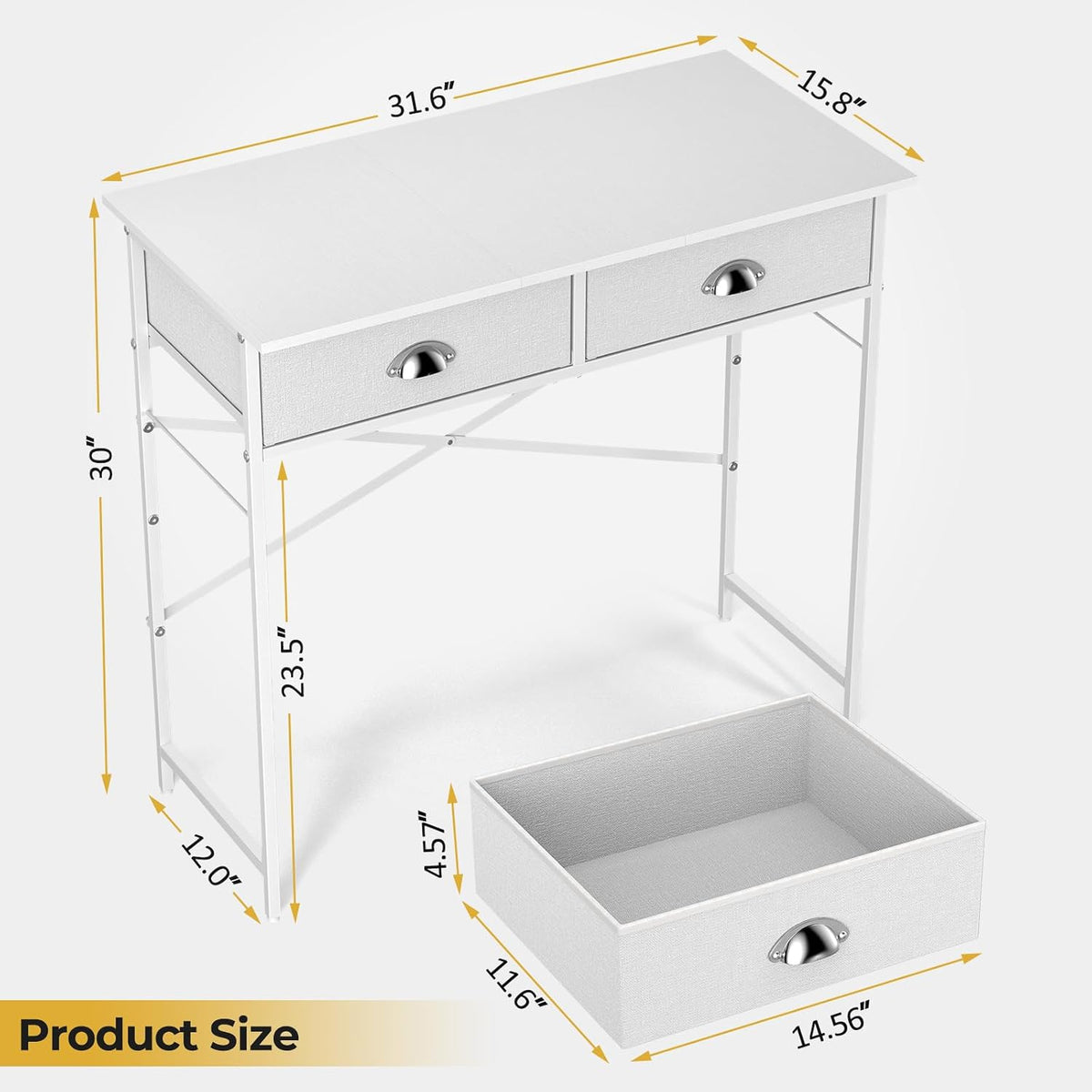 Small Writing Desk for Kids Bedroom, 31.5 Inch White Computer Desk for Small Spaces, Simple Desk with 2 Fabric Drawers for Home Office, Dorm, Living
