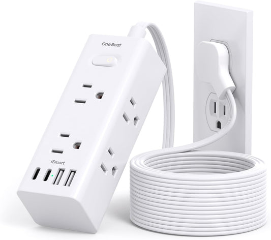 One Beat 10Ft Extension Cord with Multiple Outlets,Flat Plug Power Strip Surge Protector with 10 Ft Long Cord,6 Outlet 4 USB Ports (2USB C),Multi