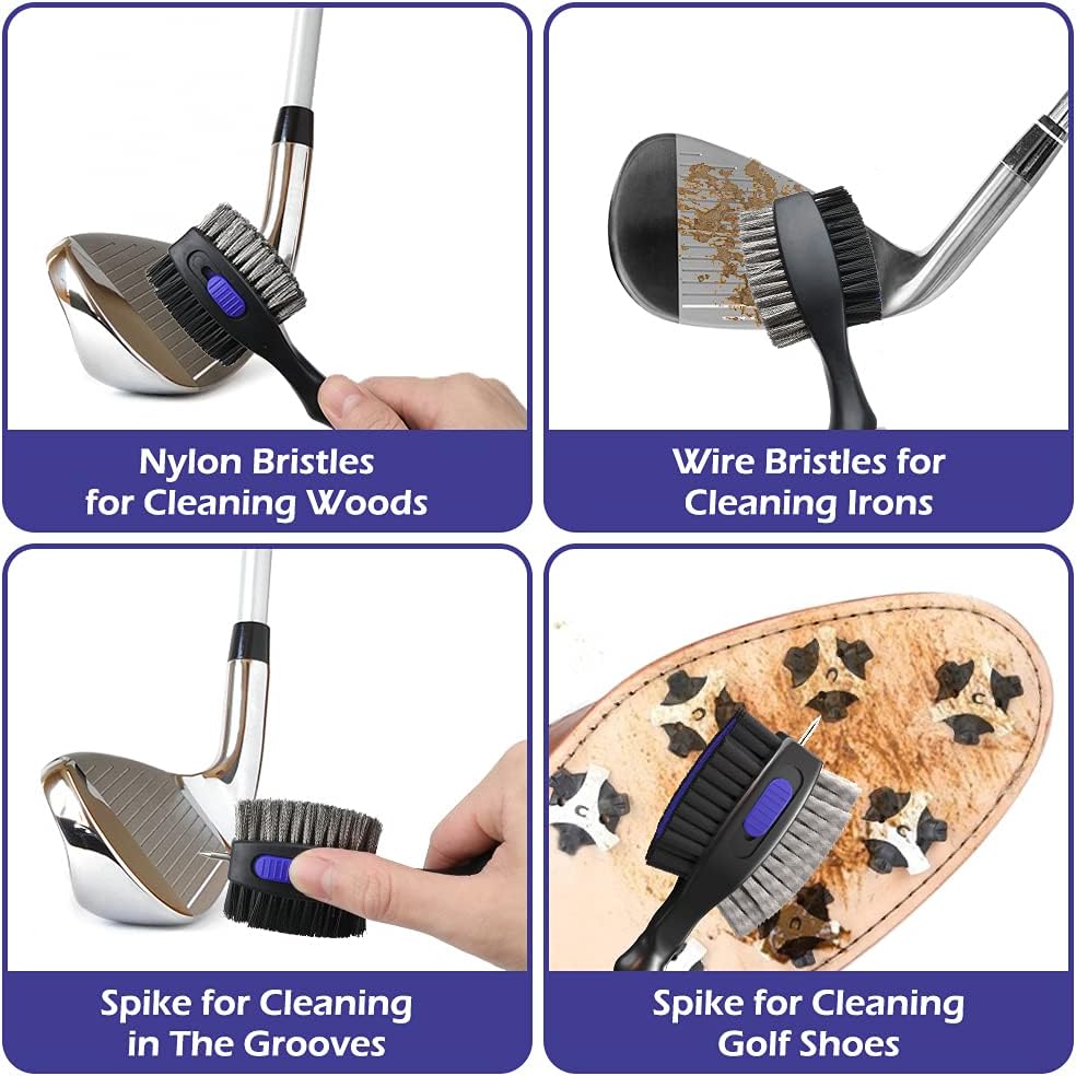 THIODOON 2 Pack Golf Club Brushes and Groove Cleaner 2 ft Retractable Zipline Carabiner Golf Brush Head with Retractable Spike Comfortable Grip Golf