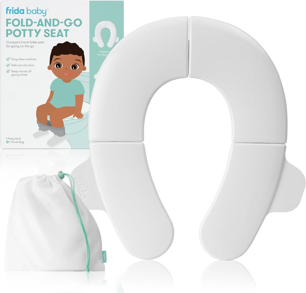 Frida Baby Fold-and-Go Portable Potty Seat for Toilet, Foldable Travel Potty Seat for Toddler, Fits Round & Oval Toilets, Non-Slip Base, Handles
