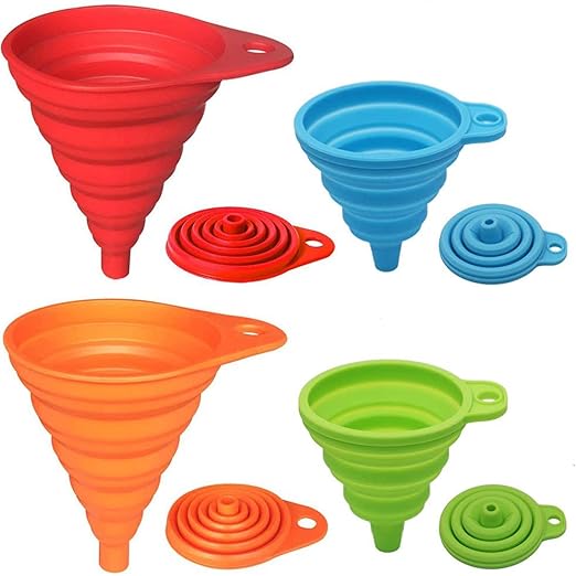 KongNai Kitchen Funnel Set 4 Pack, Small and Large, Kitchen Gadgets Accessories Foldable Silicone Collapsible Funnels for Filling Water Bottle Liquid