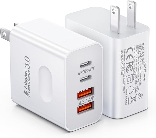 [2-Pack] USB C Wall Charger, 40W 4-Port Fast Charging Block USB C Charger Dual USBC Power Adapter + QC Wall Plug Multiport Brick Type C Block for