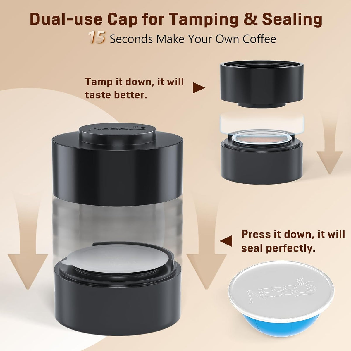 Nessus Reusable Kit for Nespresso Pods Vertuo, Reuse Old Coffee Pods for Nespresso Vertuo: 100 Pcs Aluminum Foil Seal Lid, Holder, Brush, Refillable