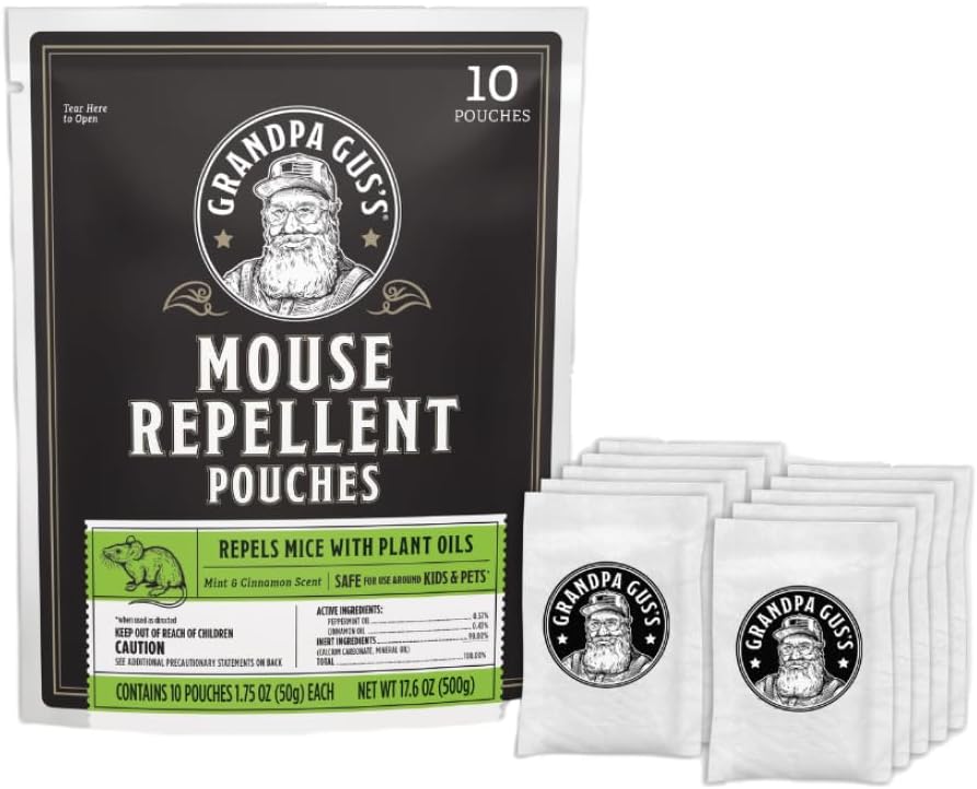 Grandpa Gus’s Extra-Strength Mouse Repellent Pouches, Peppermint & Cinnamon Oil, Natural Rodent Deterrent Control for Garage, RV, Car, Basement