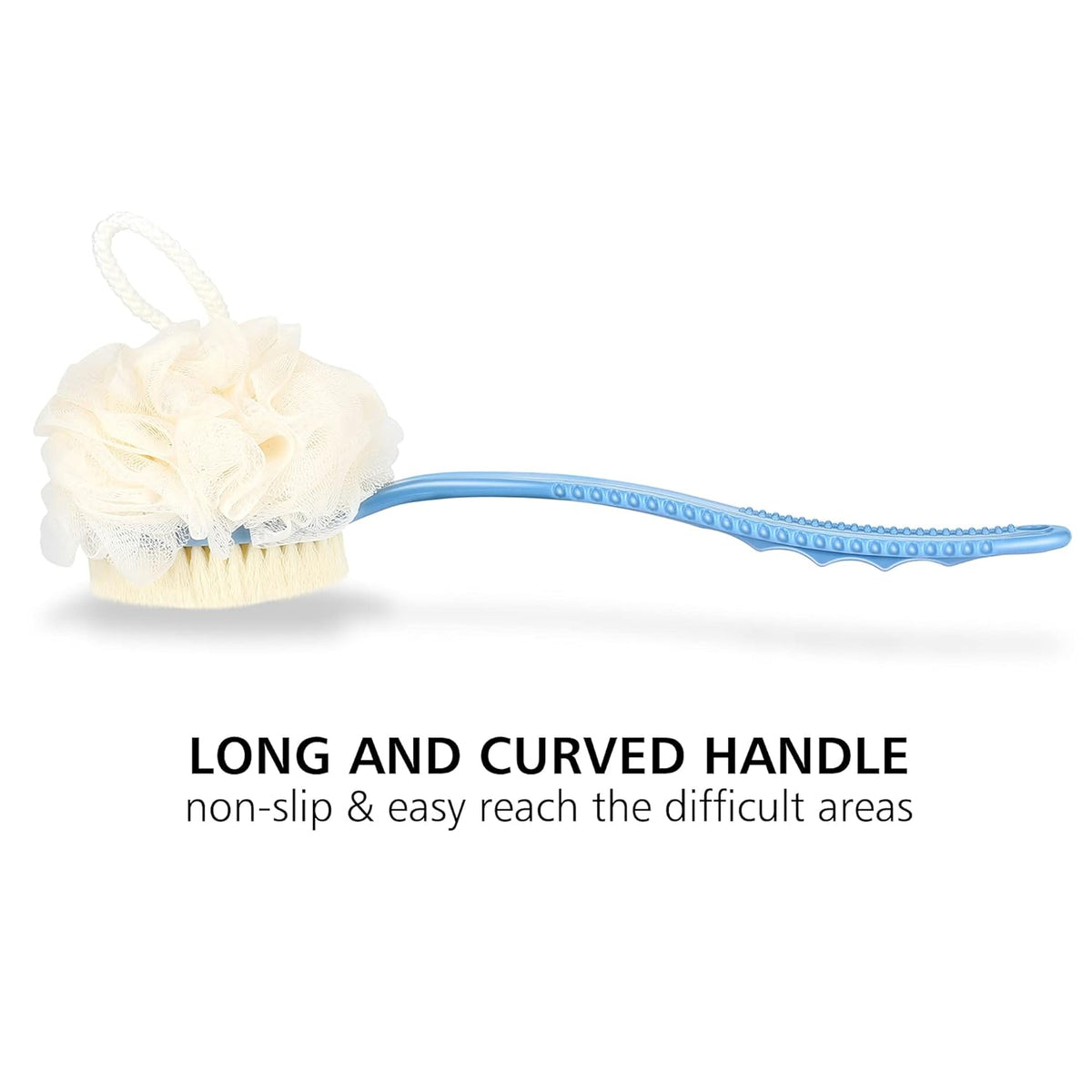 Shower Body Brush with Bristles and Loofah,Back Scrubber Bath Mesh Sponge with Curved Long Handle for Skin Exfoliating Bath, Massage Bristles