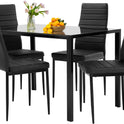 FDW | 5-Piece Dining Table Set | Black | Glass Kitchen Table with 4 Upholstered Chairs and Faux Leather Cushions | Space-Saving and Modern Design