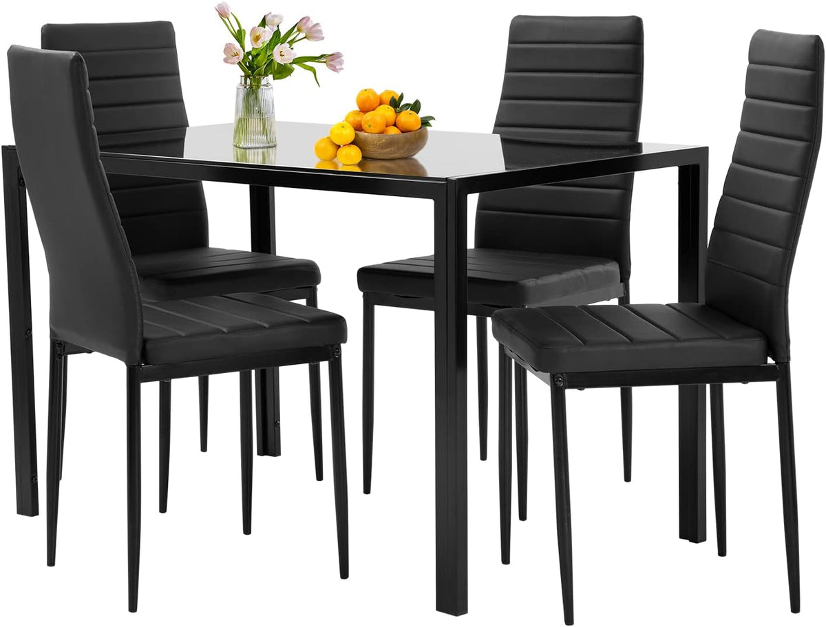 FDW | 5-Piece Dining Table Set | Black | Glass Kitchen Table with 4 Upholstered Chairs and Faux Leather Cushions | Space-Saving and Modern Design
