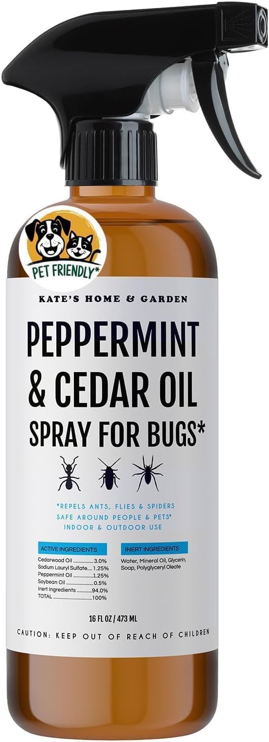 Kate's Home & Garden Peppermint Oil Spray for Bugs, Ants, Insects, Spiders. Pesticide and Insecticide Indoor Repellent Pest Control with Cedarwood