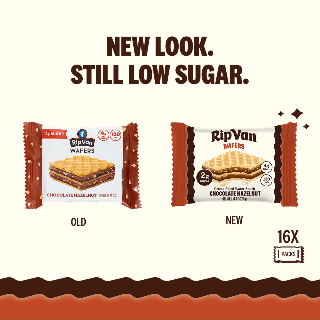 Rip Van Chocolate Hazelnut Wafer Cookies, Keto, Non-GMO, Healthy Snacks, Low Carb & Low Sugar (2g), Low Calorie, Vegan, 16 Count