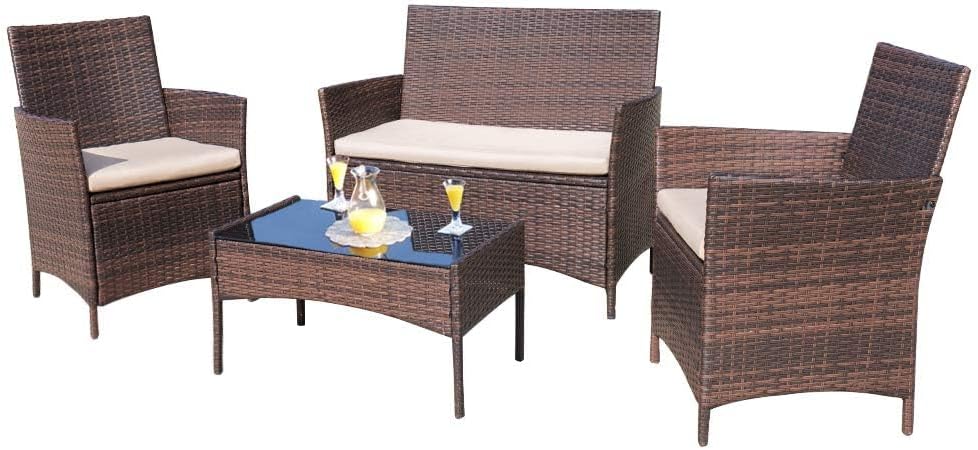 Homall 4 Pieces Outdoor Patio Furniture Sets Rattan Chair Wicker Set,Outdoor Indoor Use Backyard Porch Garden Poolside Balcony Furniture (Brown and