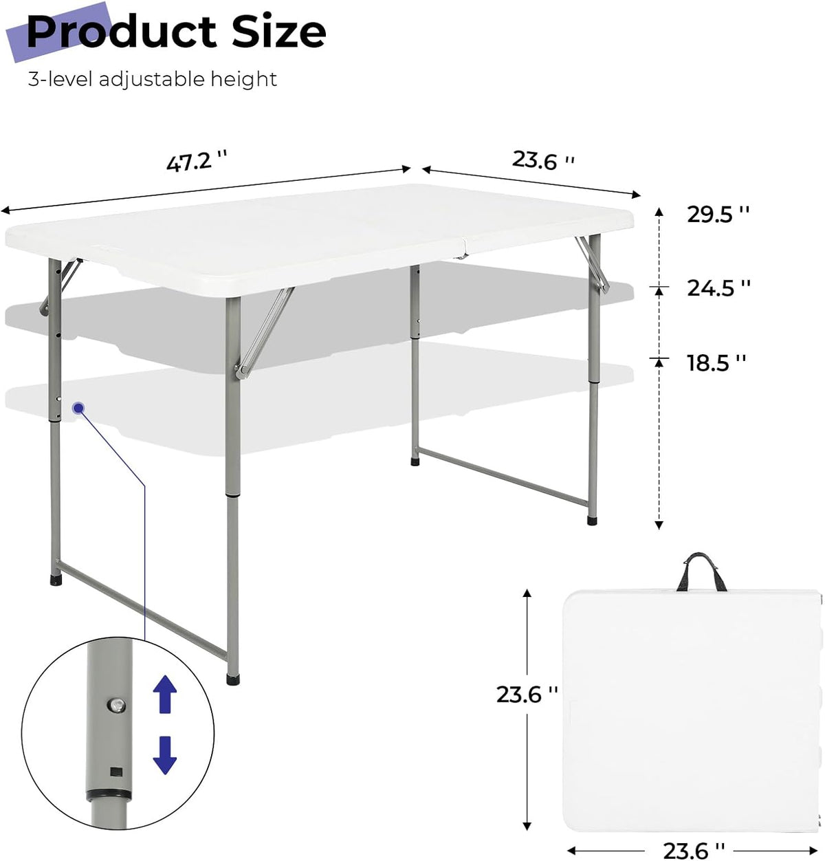 Folding Table 4 Foot Portable Heavy Duty Plastic Fold-in-Half Utility Table Small Indoor Outdoor Adjustable Height Folding with Carrying Handle