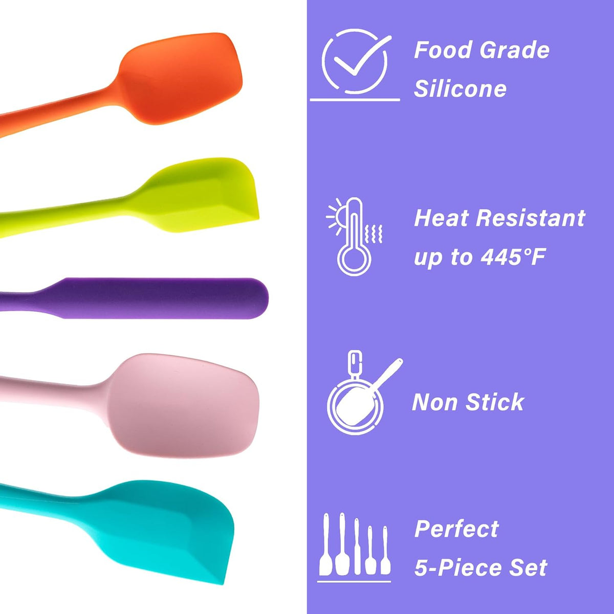 Silicone Spatula Set, 5 Piece Food Grade Rubber Spatulas for Baking, Cooking, and Mixing High Heat Resistant Non Stick Dishwasher Safe BPA-Free
