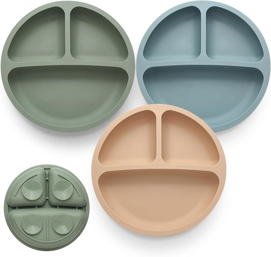Toddler Plates 3 Pack, Divided Suction Plates for Baby, 100% Food Grade Silicone Baby Plates, Non-Slip, Baby Led Weaning Supplies, Microwave