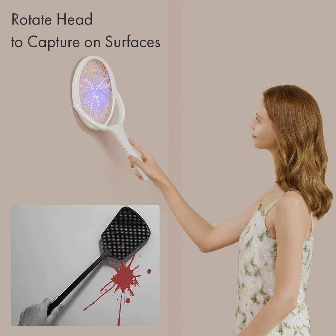 GeckoMan Rotating Head Electric Fly Swatter Racket Rechargeable Bug Zapper Racket Bug Zapper Indoor Fly Zapper Mosquito Zapper Flies Killer
