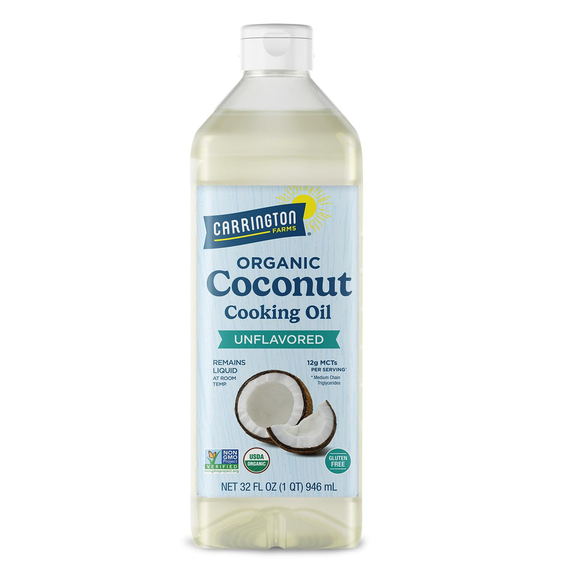 Carrington Farms Organic Liquid Coconut Cooking Oil, 32 Fl Oz –Unflavored, Unscented, High Smoke Point, MCT-Rich, No Trans Fat – For Cooking