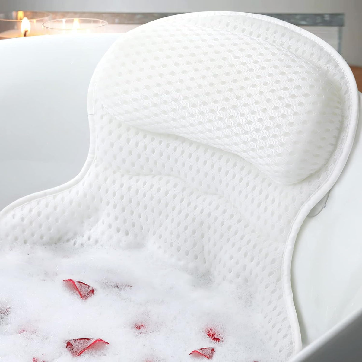 Bath Pillow Bathtub Pillow, Luxury Bath Pillows for Tub Neck and Back Support, Bath Tub Pillow Headrest with Soft 4D Mesh Fabric and Non-Slip Suction