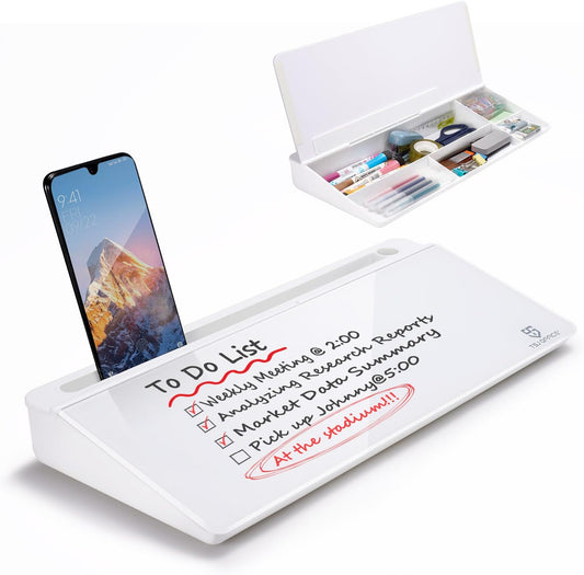 TSJ OFFICE Small Desktop Whiteboard -Glass Dry Erase Board Computer Keyboard Stand White Board Surface Pad with Drawer, Desk Organizers with