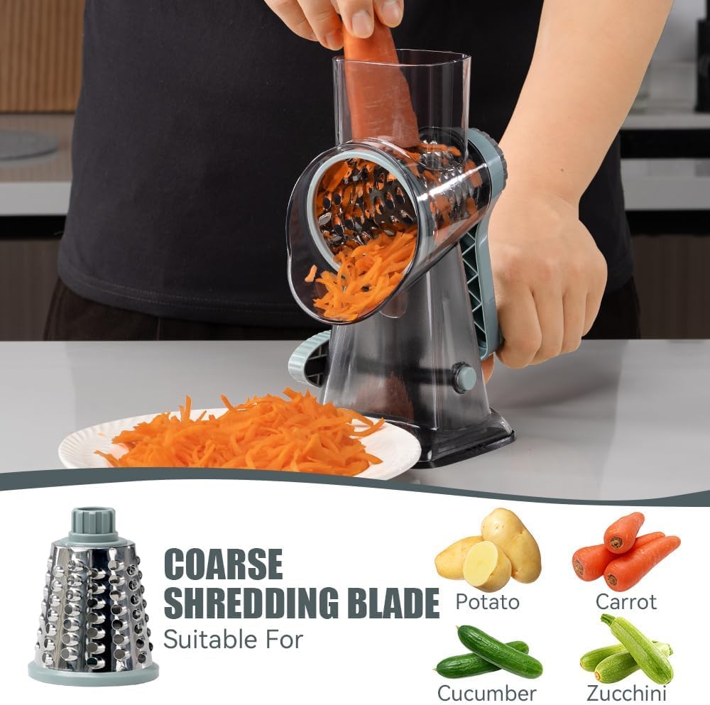 KEOUKE Rotary Cheese Grater Hand Crank Transparent - Shredder Slicer Grinder 3 Stainless Steel Blades, Stable Suction, Labor-Saving Handle, Safe