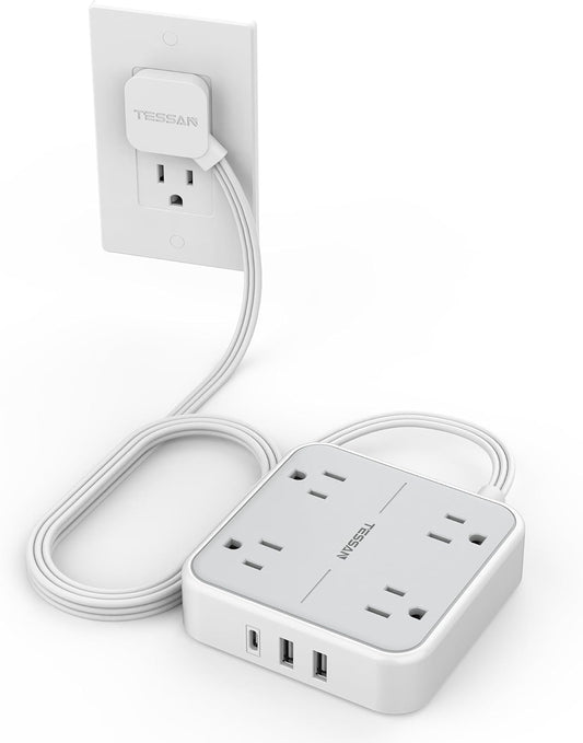 TESSAN Surge Protector Flat Extension Cord 5Ft, Flat Plug Power Strip with 4 Outlets 3 USB Ports (1 USB C), 900 Joules Protection, Multiple Wall