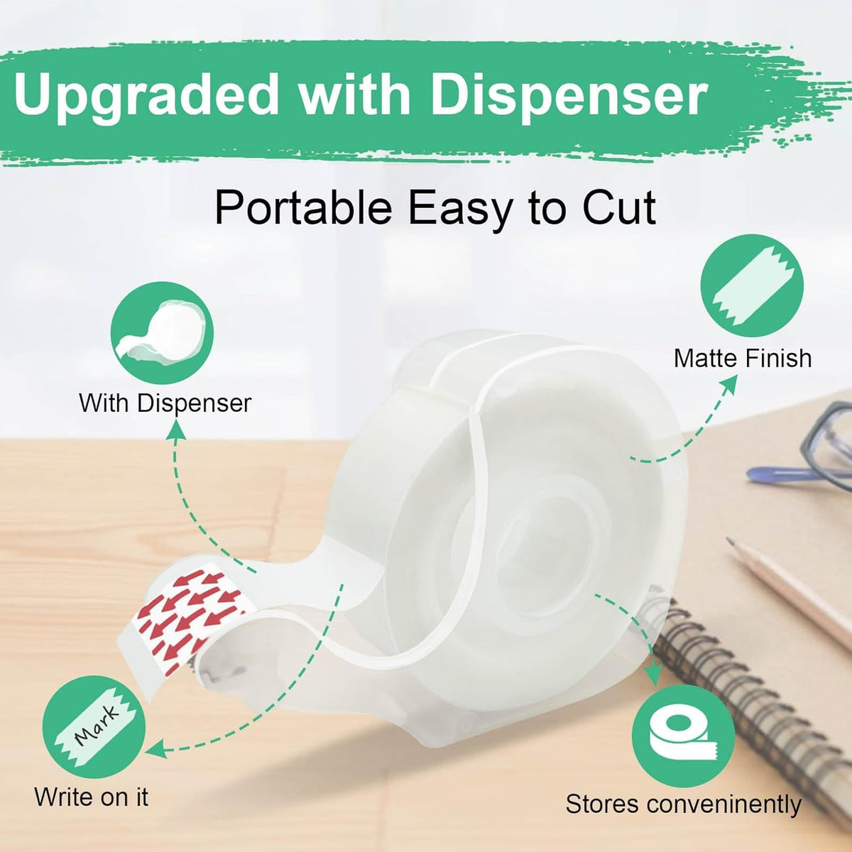 Tape, Invisible Tape for Gift Wrapping, 6 Rolls+6 Refillable Dispensers, Matte Finish, Writable, 3/4″x 650″, Clear Tapes for Christmas Wrapping
