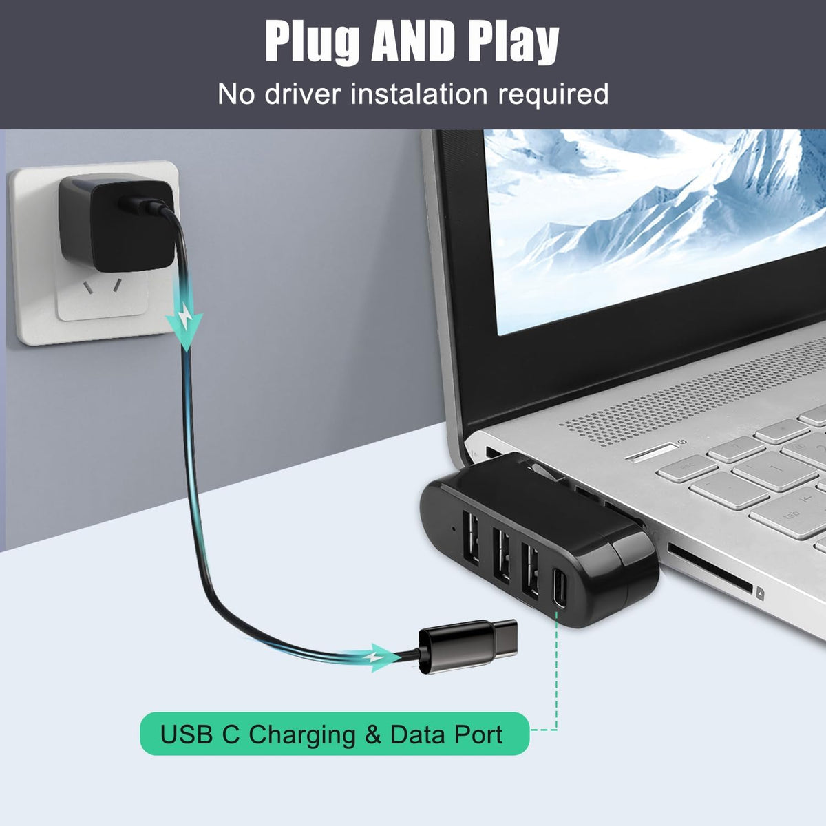 VIENON 4-Port USB 3.0 Hub [90°/180° Degree Rotatable], USB Splitter with PD-in 5W USB C Port, USB Extender for Laptop, Car, iMac, MacBook Air