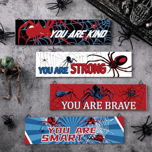 Geetery 4 Pcs Spider Room Decor Bedroom Boys Wall Decor Inspirational Wall Decoration Wooden Art Prints for Boys Kids Children Home Indoor Decoration