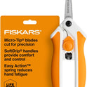 Fiskars Micro-Tip Spring Assisted Scissors, Precision Cutting Stainless Steel Blades, Comfort Handle, Cut Details in Fabric, Sewing Scissors and Arts